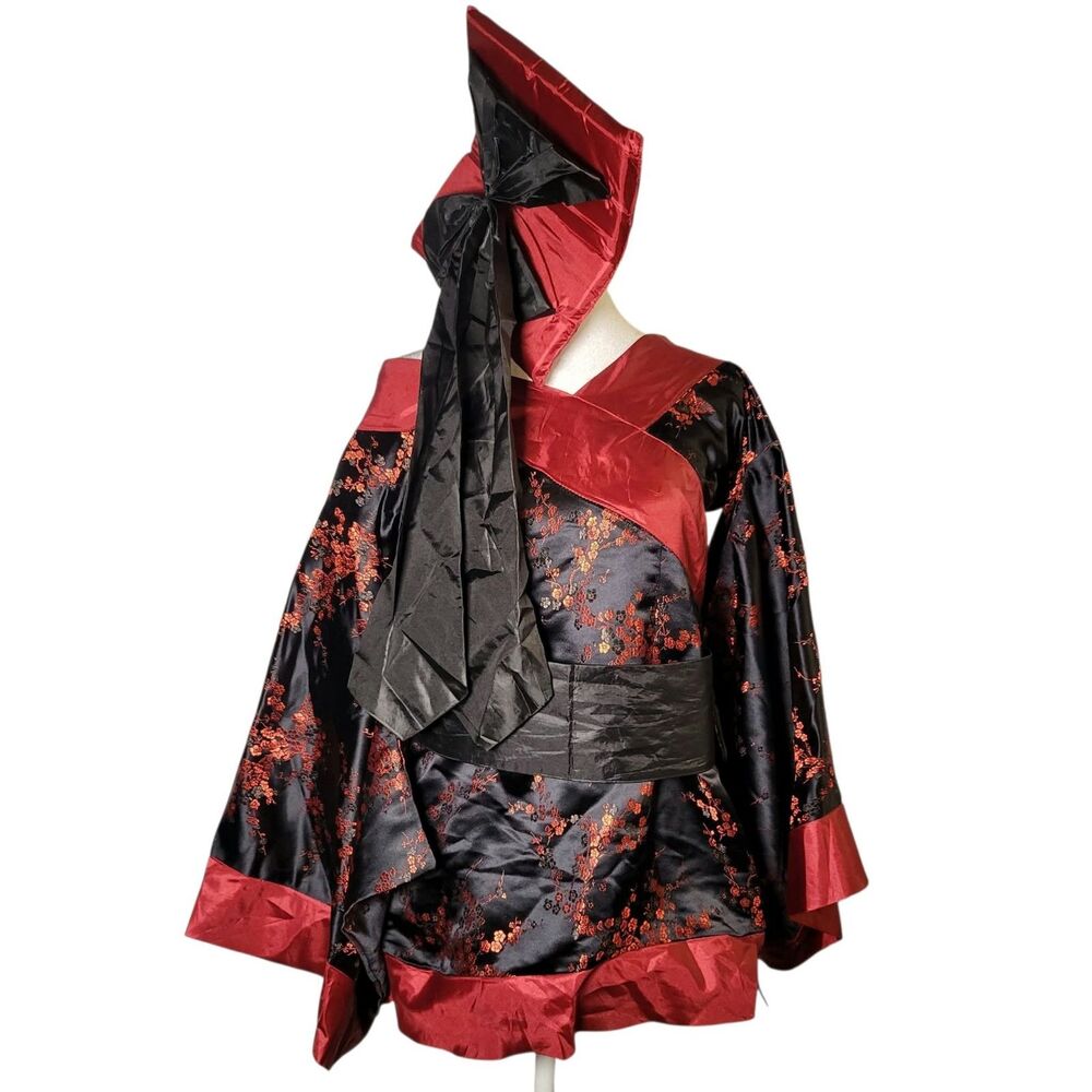Leg Avenue Geisha Costume S Black Red Satin Cherry Blossom Kimono Dress Siren